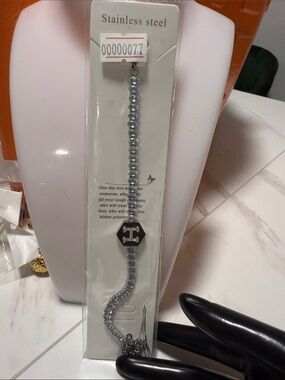 Stainless Steel Rhinestone Bracelet with Hex Charm - Silver